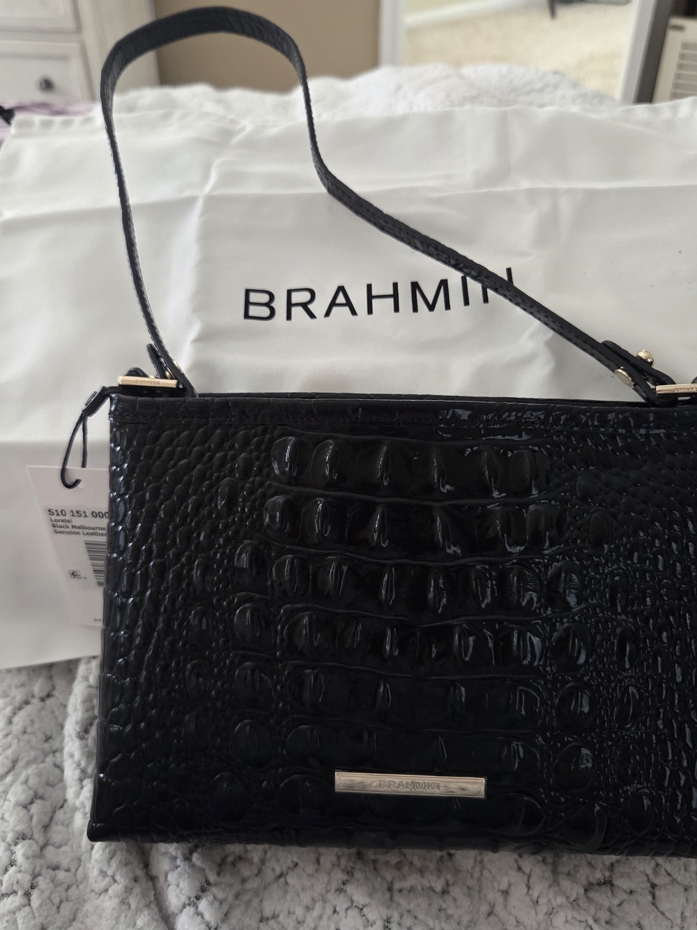 Brahmin Black Croc-Embossed Patent Leather Shoulder Bag